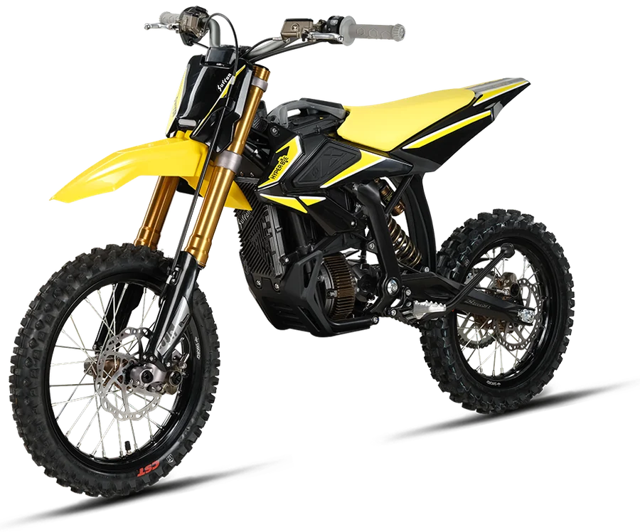 Sur-Ron Hyper Bee electric off-road bike in yellow, three-quarter front view.