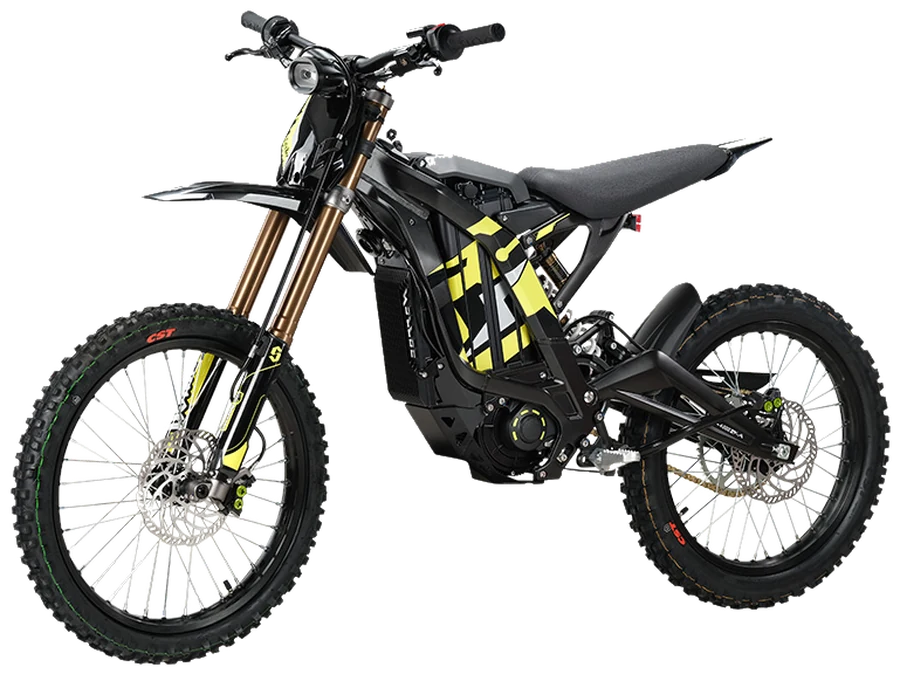 Sur-Ron Light Bee X electric off-road bike in black and lime, three-quarter front view.