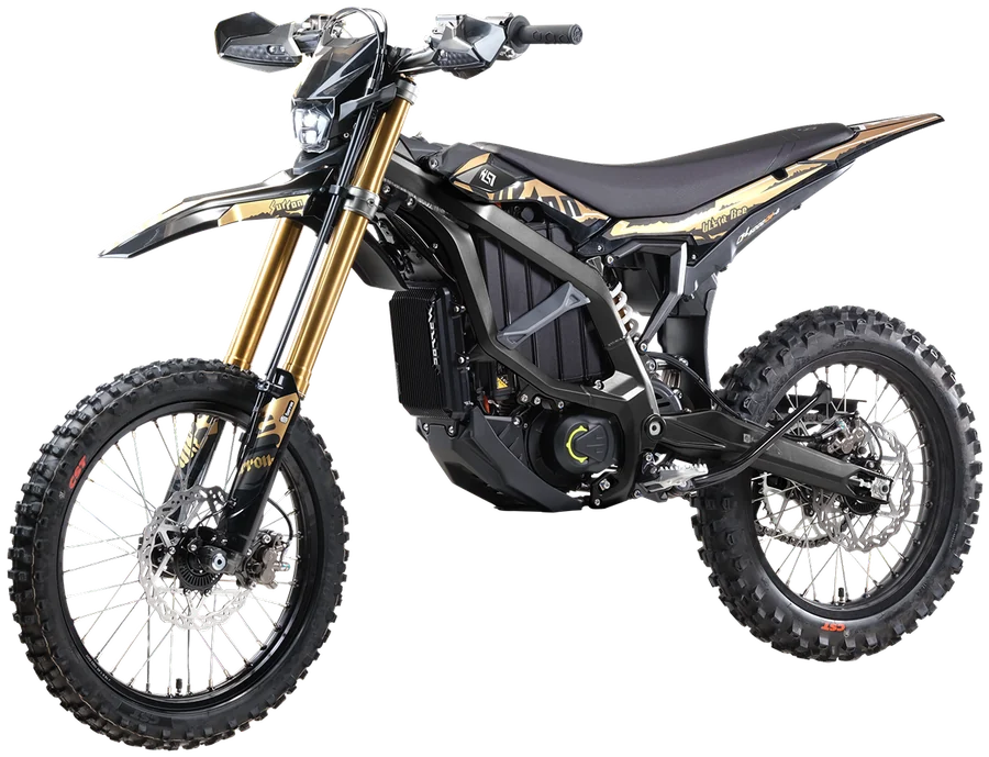 Sur-Ron Ultra Bee electric off-road bike in black with gold graphics, three-quarter front view.